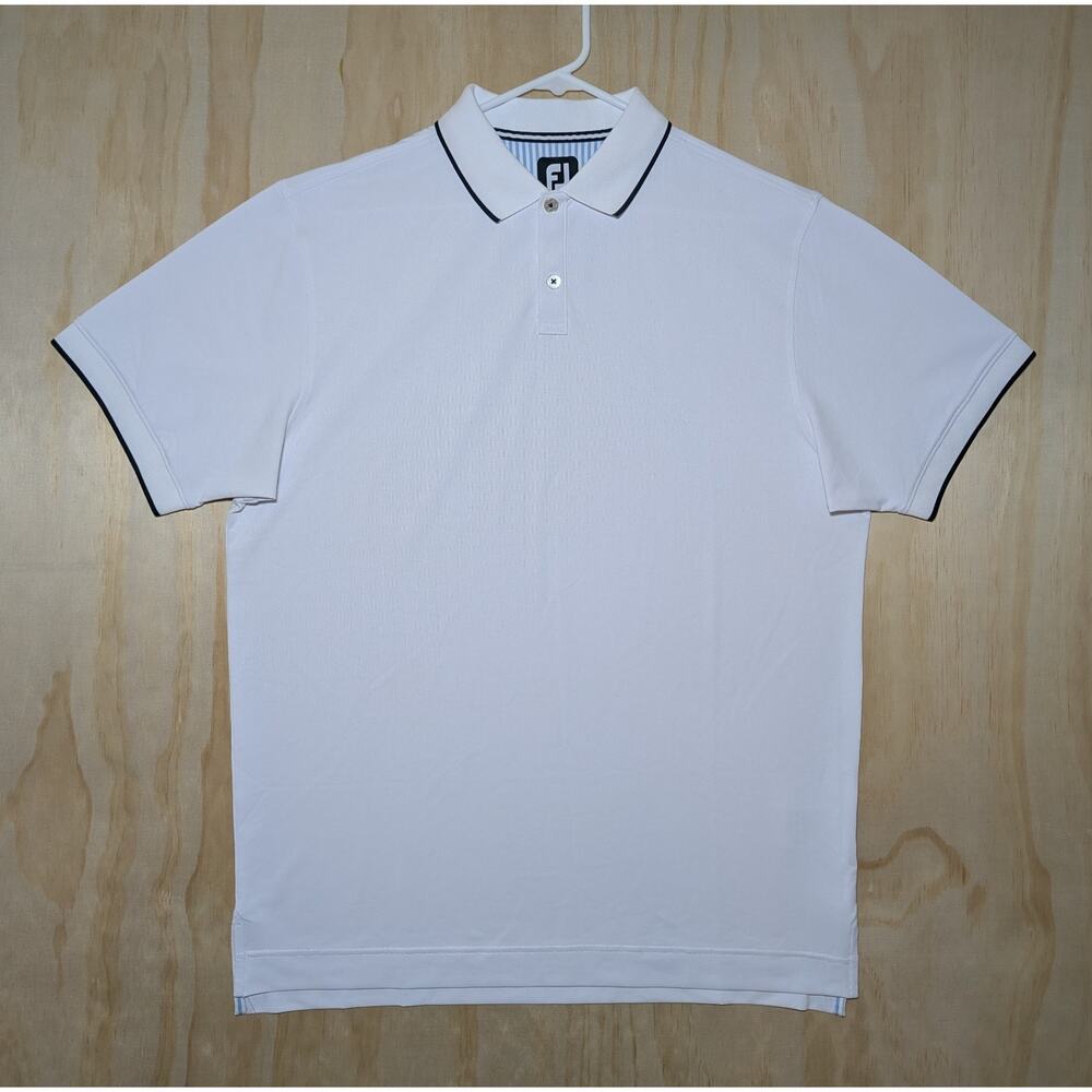 FootJoy Men's Medium Golf Polo Shirt White Contrast Trim Athletic Stretch Logo